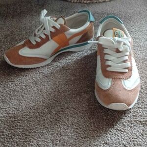 Tory Burch Brown and White Sneakers with Orange Accents